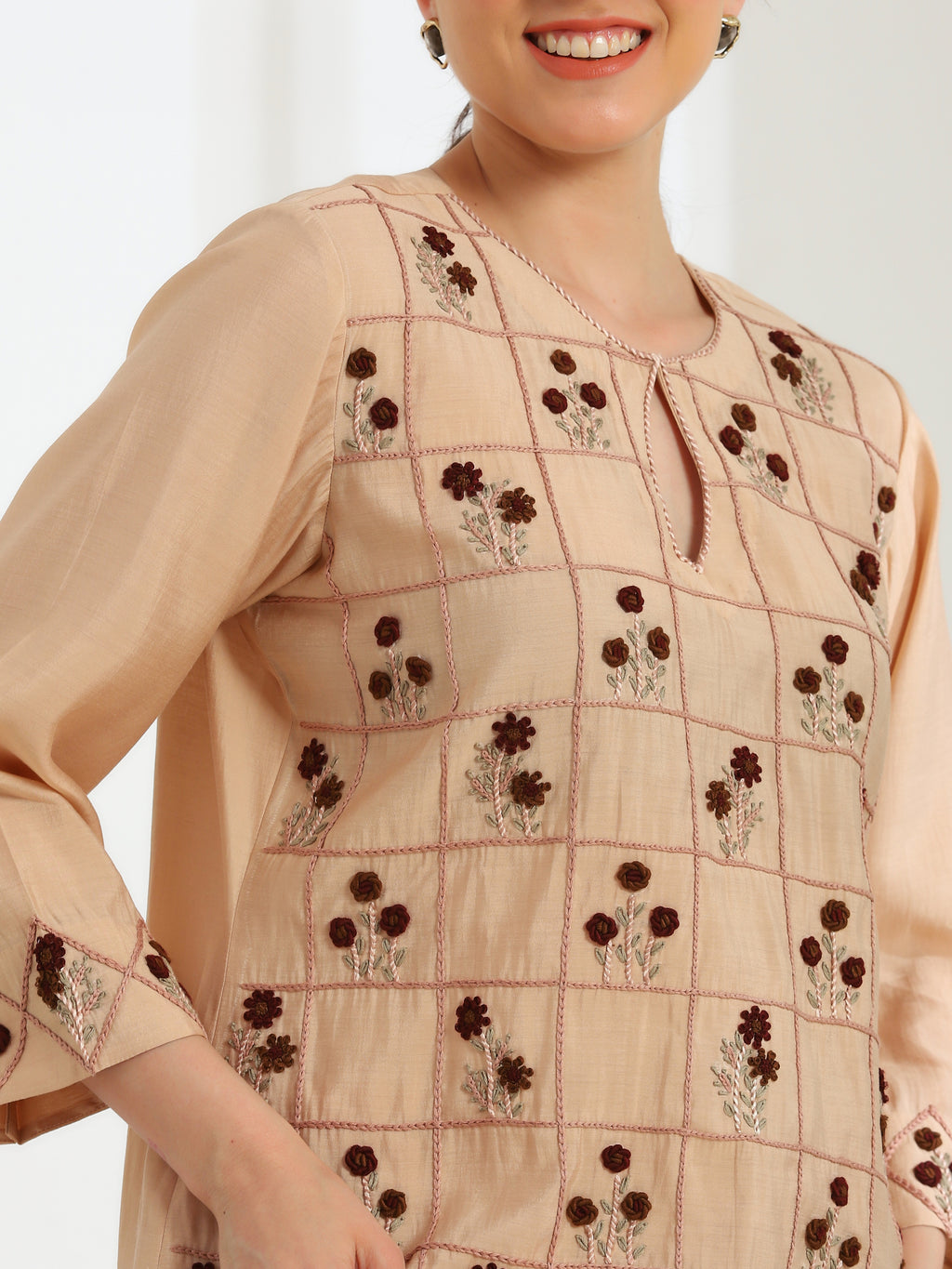 Auré Beige Hand Embroidered French lace Silk cotton Kurta set - Dareiss
