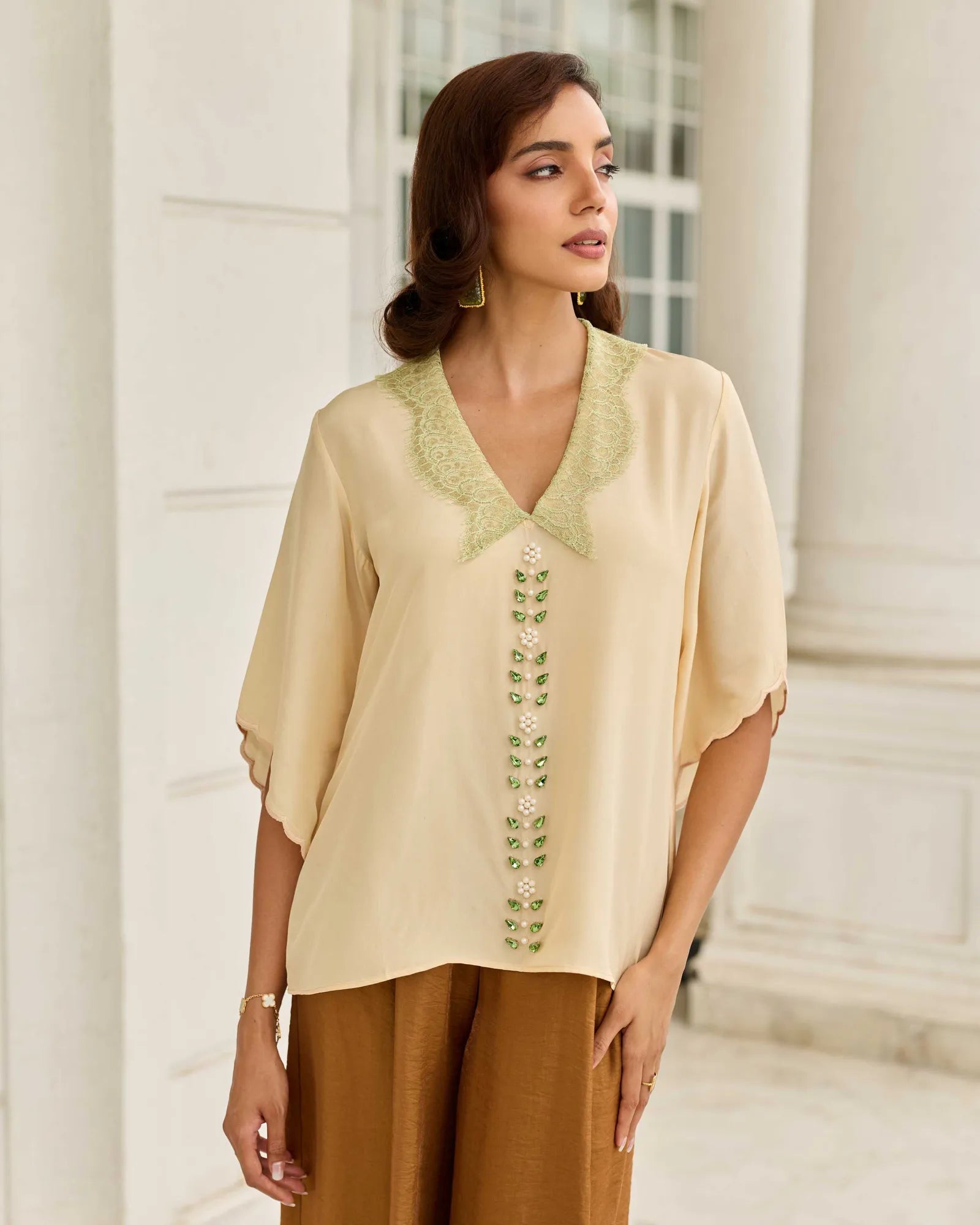 Celestial Echo Soft Beige Hand Embroidered French Lace Habotai Silk Top