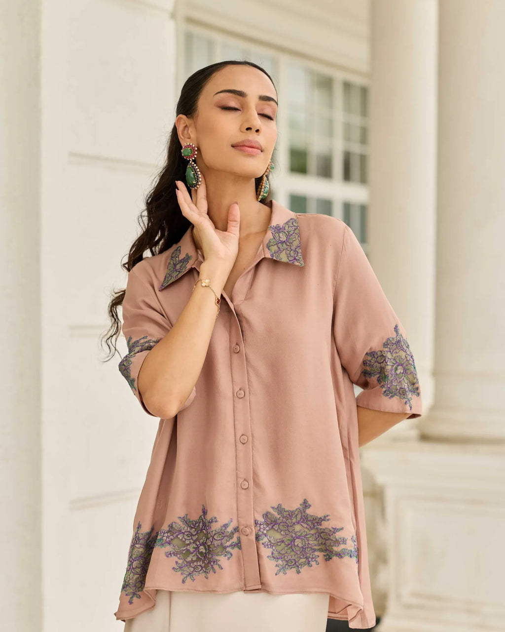 Threaded Devotion Grain Brown French Lace Flat Chiffon Shirt - Dareiss