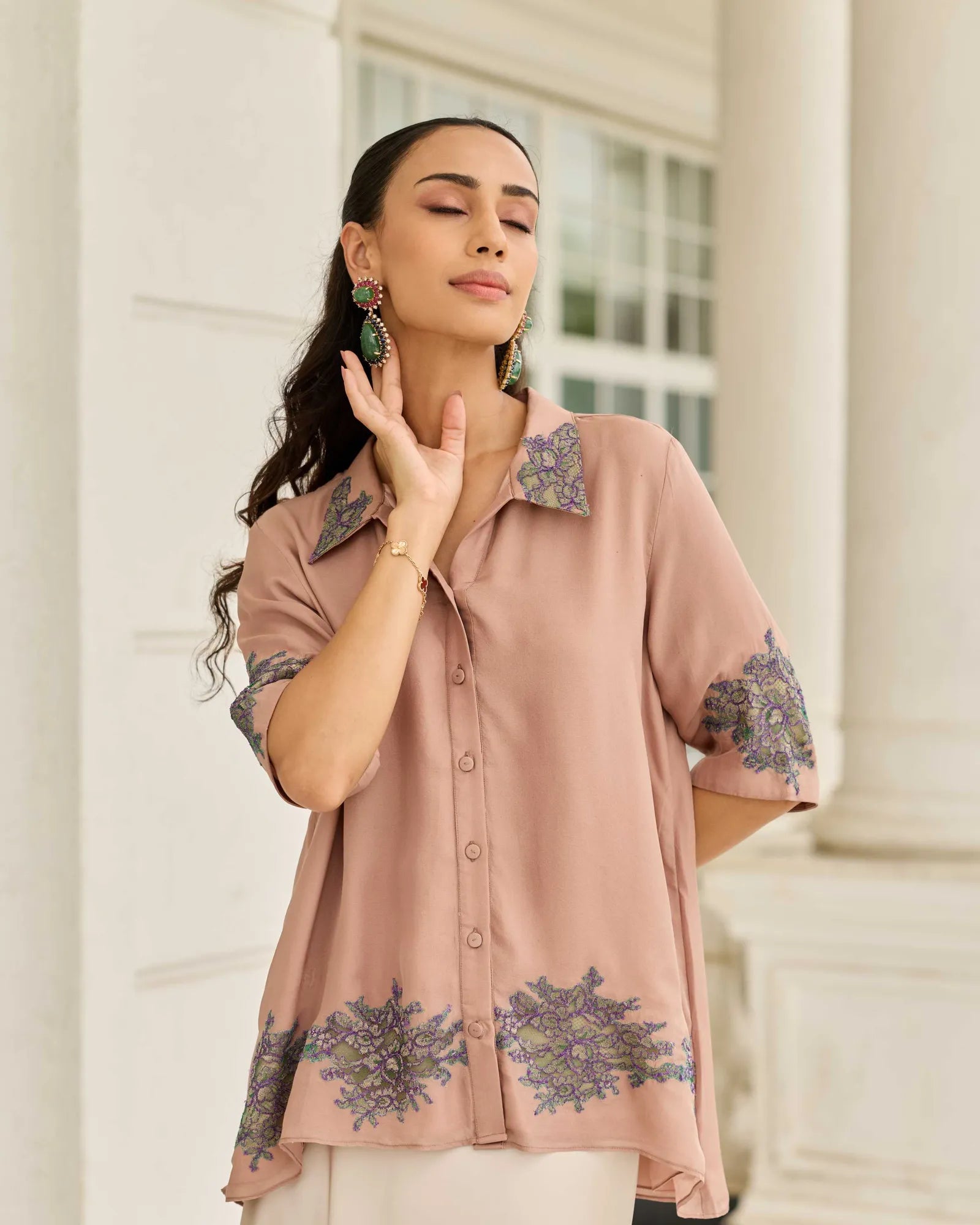 Threaded Devotion Grain Brown French Lace Flat Chiffon Shirt - Dareiss