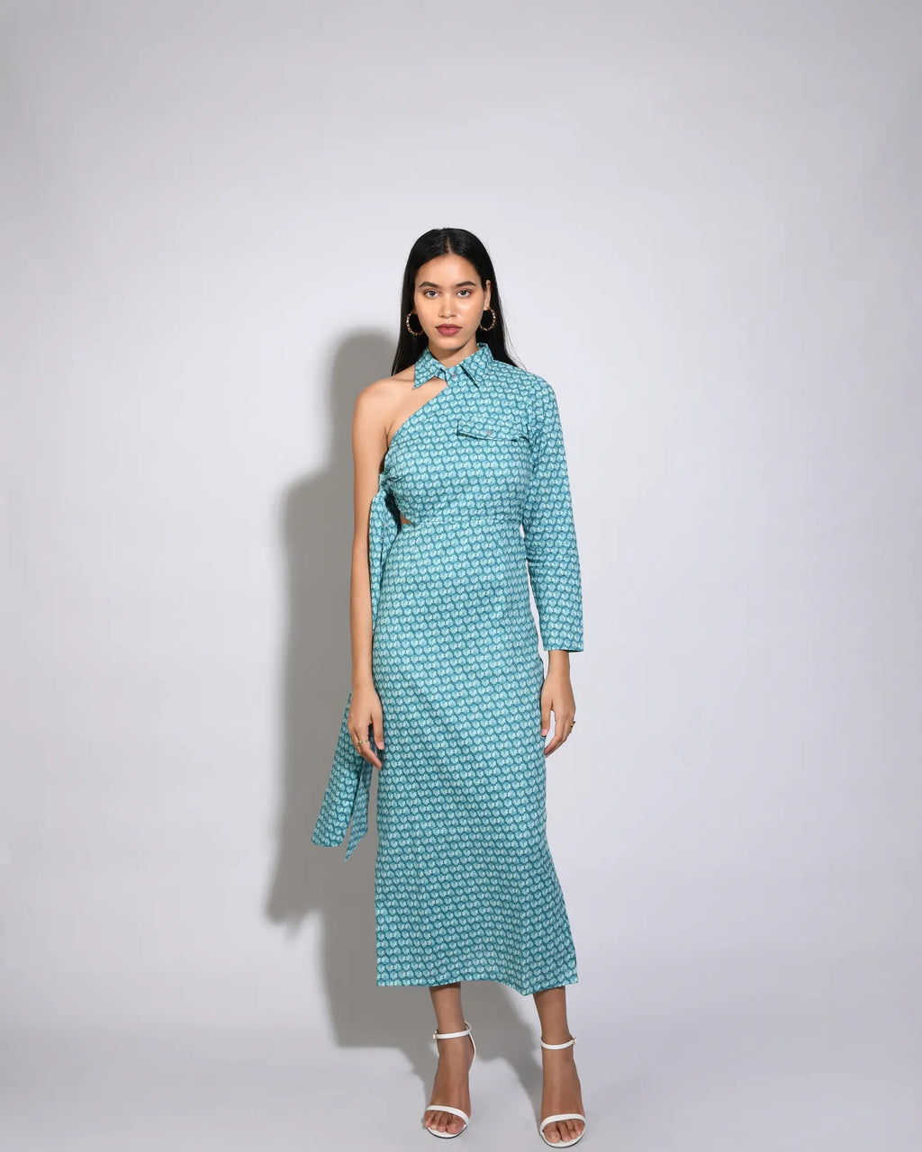 Aqua Floral Printed One Shoulder Dress