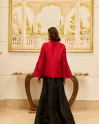 Golden Echo Cherry Red Hand Embroiderred French Lace Dupion Silk Shirt