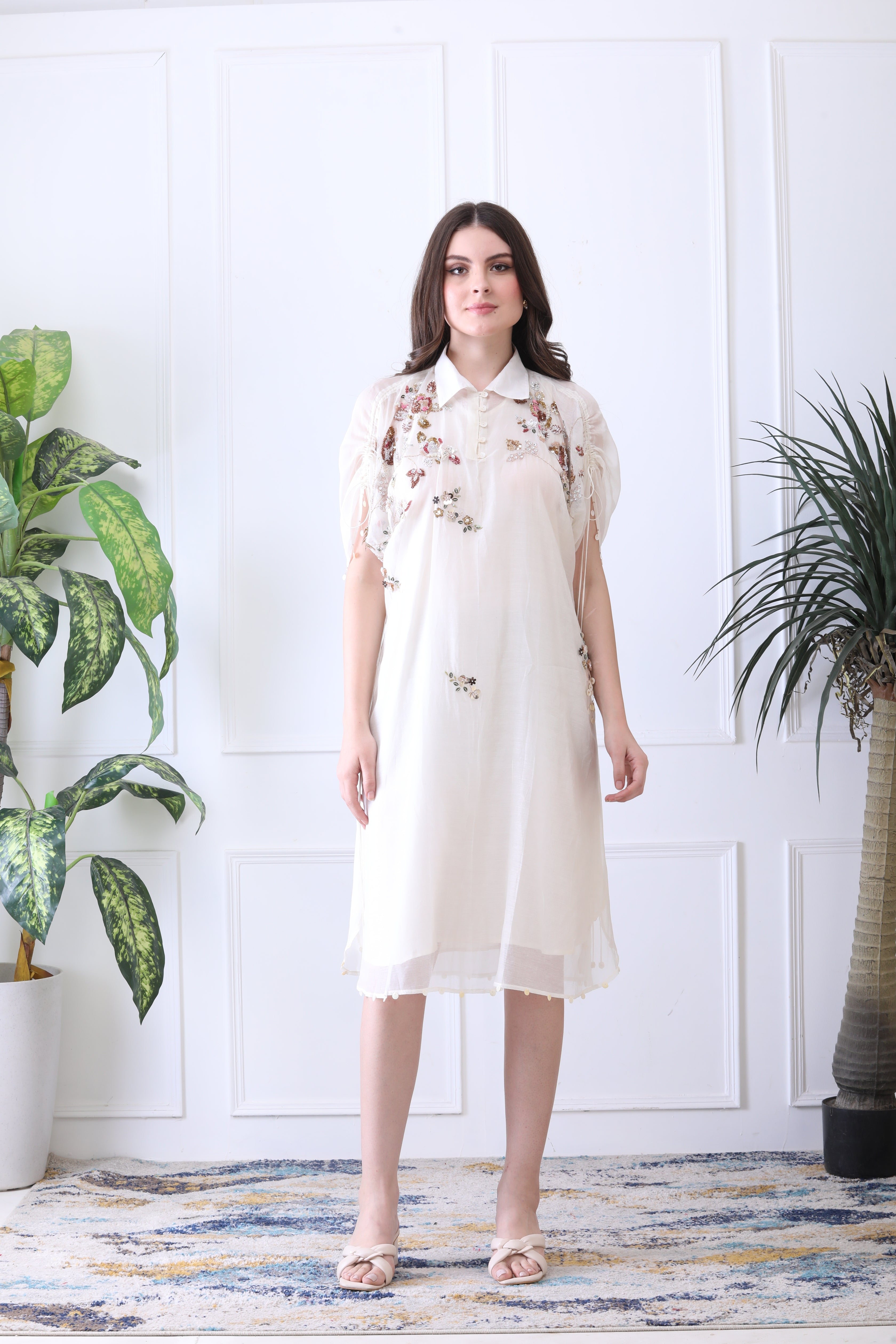 Peter White Embroidered Chanderi Midi Dress