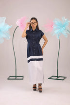 The navy and white colour block midi cotton dress