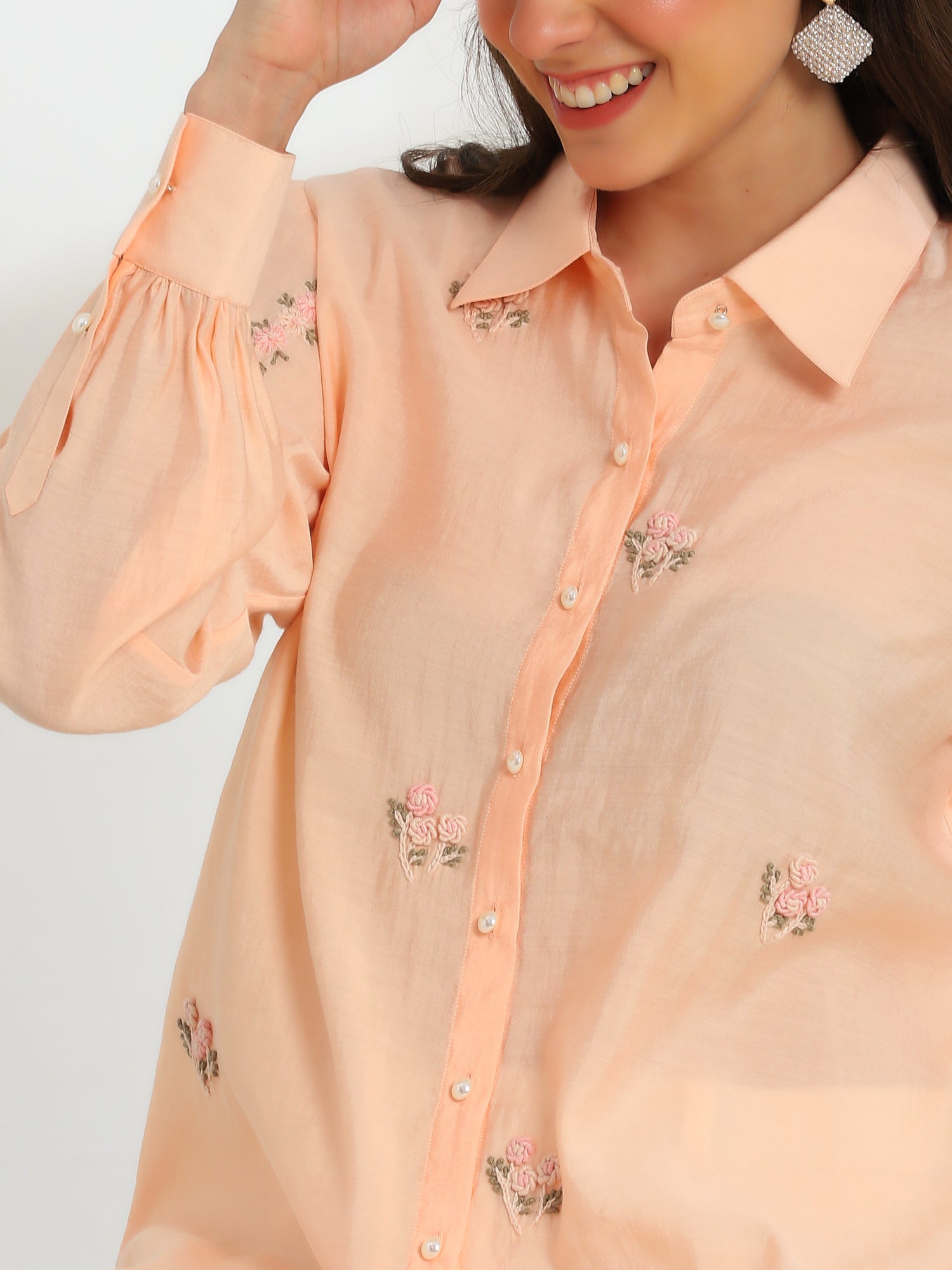 Spring Peach Hand Embroidered French lace Silk Cotton Shirt - Dareiss