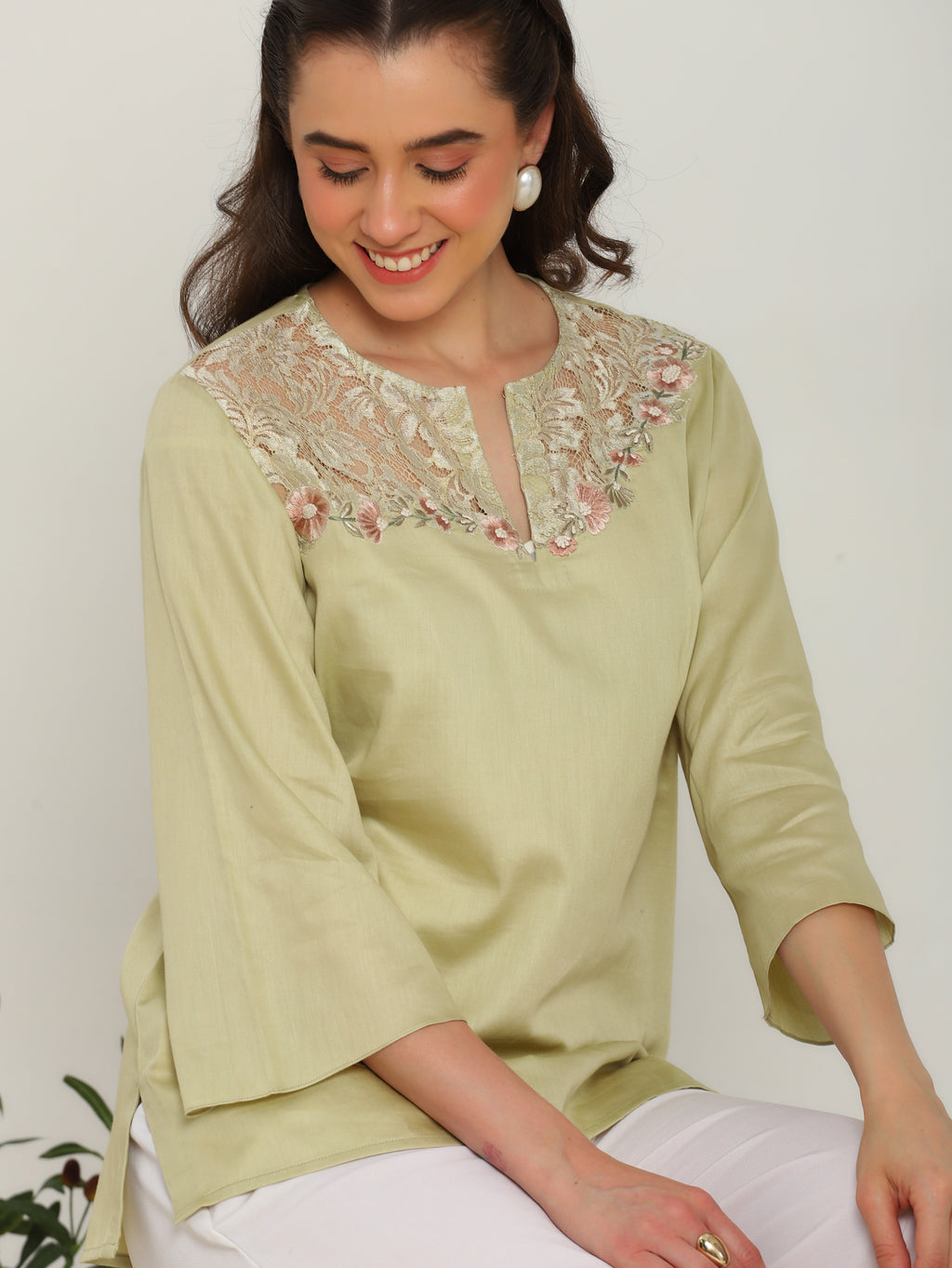 Jade Blossom Embroidered French lace cotton  shirt - Dareiss