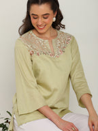 Jade Blossom Embroidered French lace cotton  shirt - Dareiss