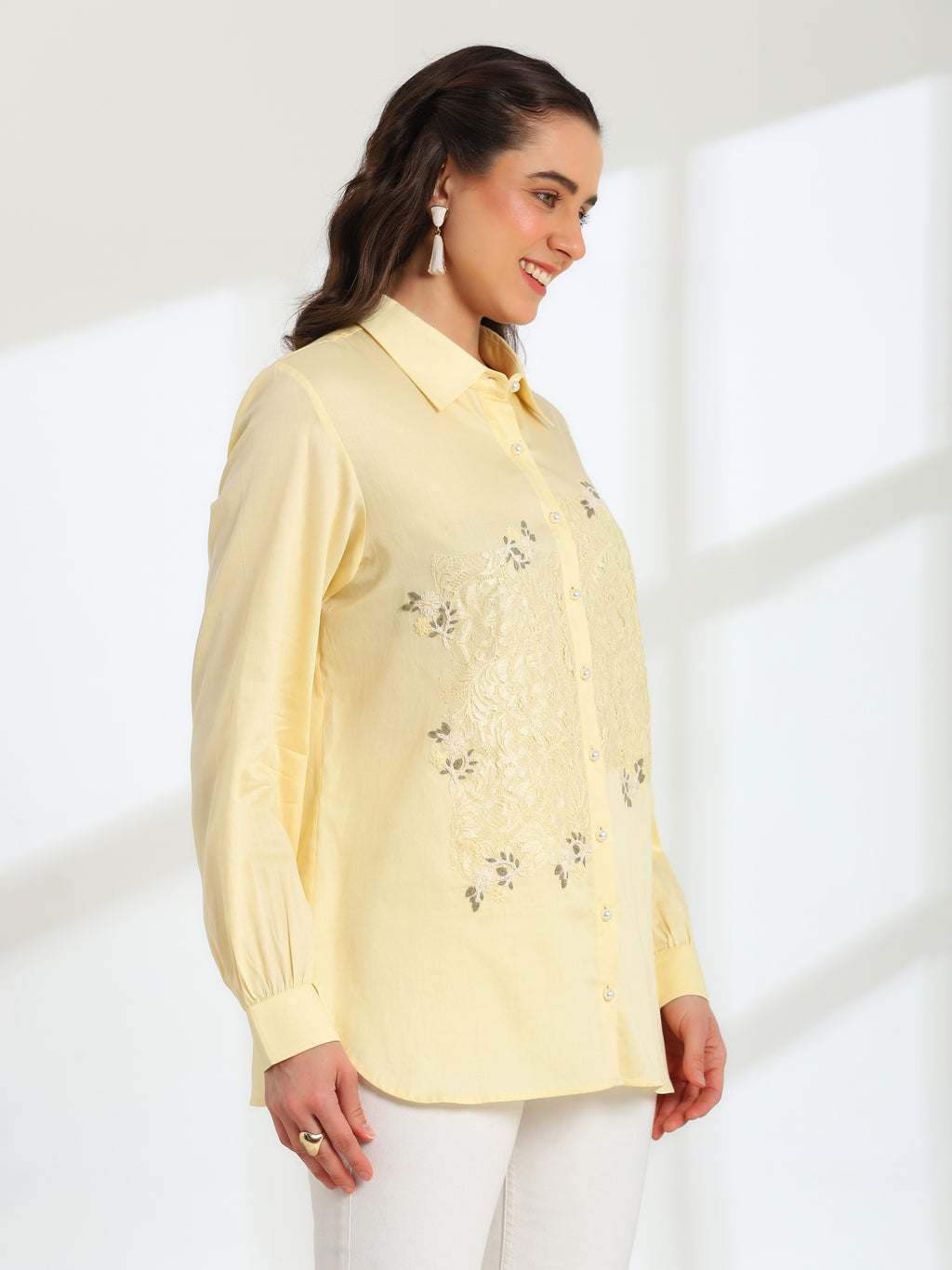 Butter Bloom Yellow Hand Embroidered French lace Cotton Shirt