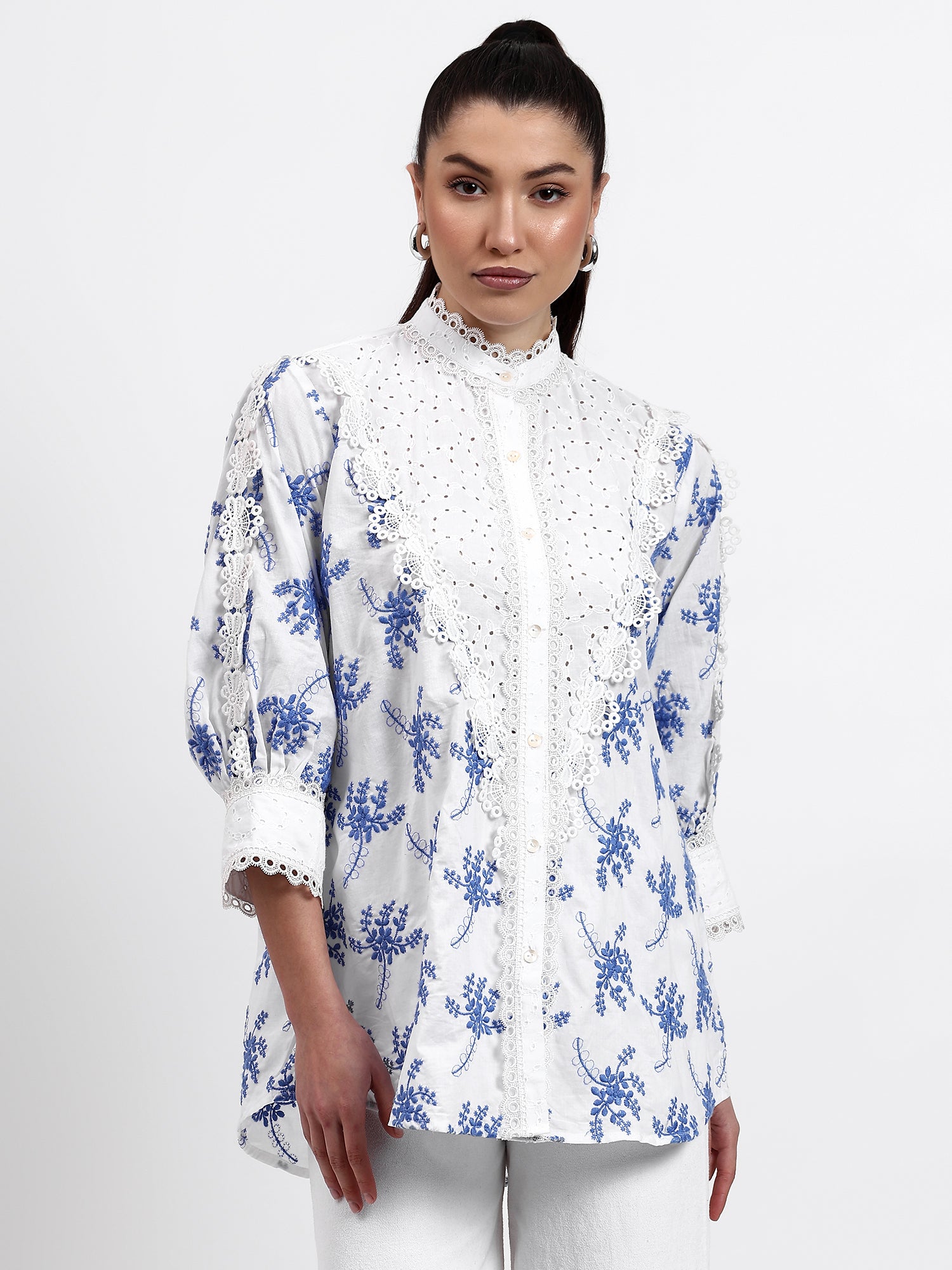 White Chikan and Boota Lace Shirt