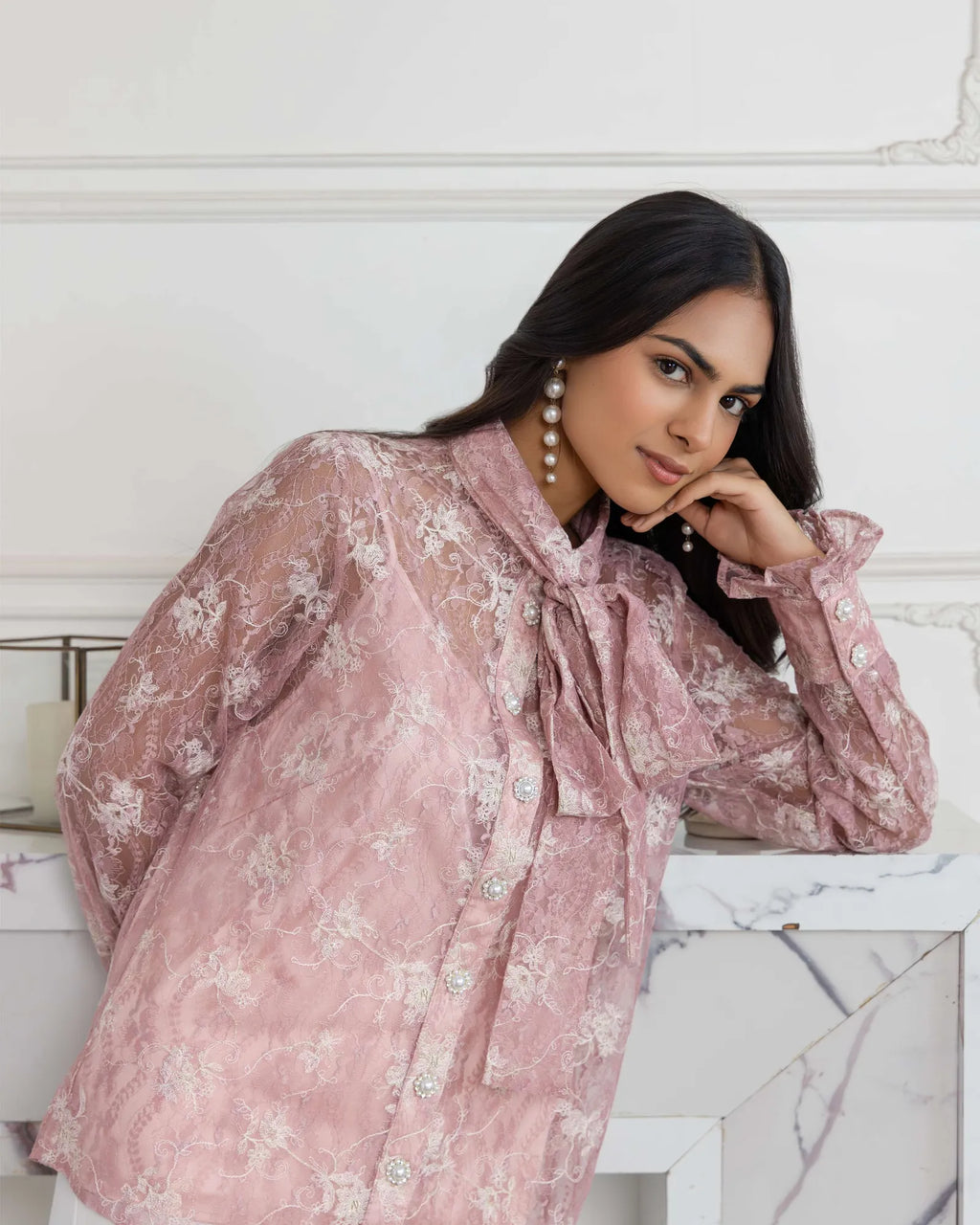 Fioren Blossom Pink French Lace Shirt