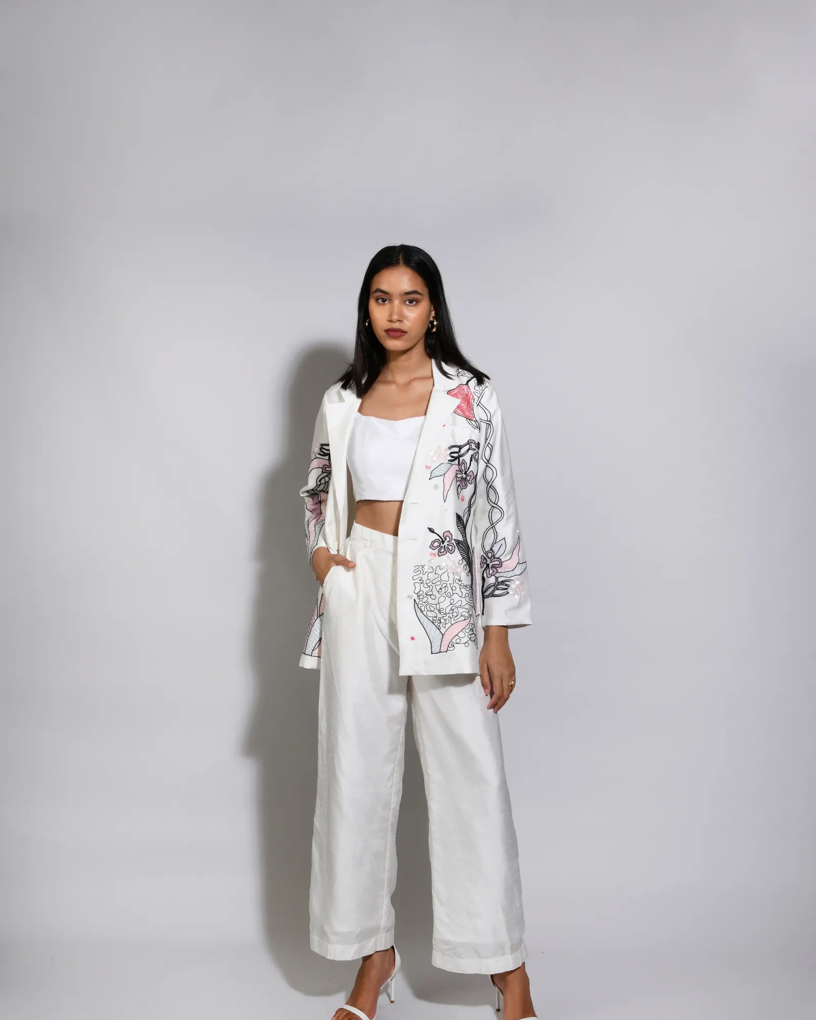 White Rose Embroidered Blazer Set