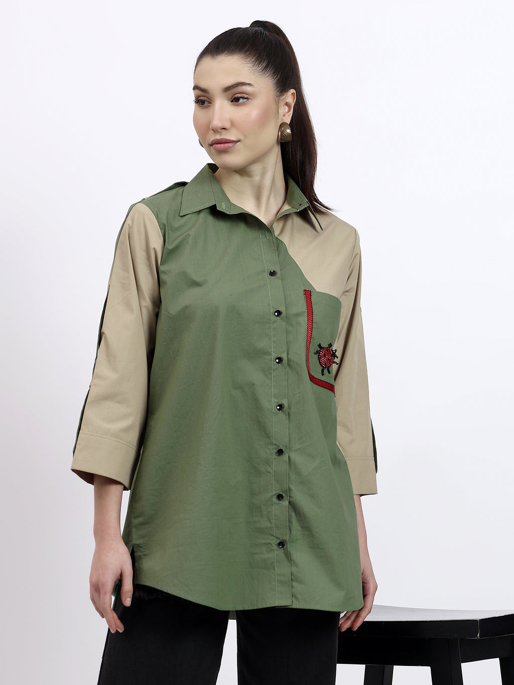 Olive and Beige color block embroidered shirt