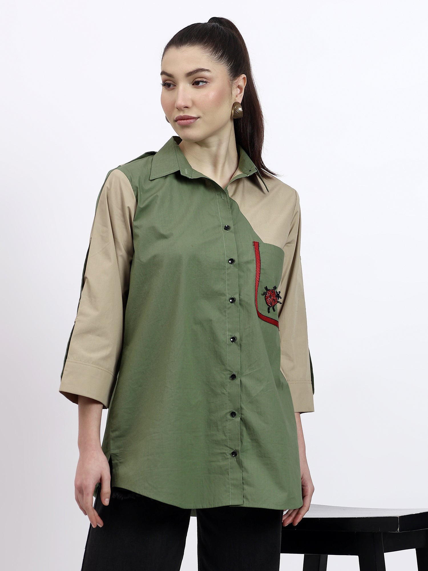 Olive and Beige color block embroidered shirt