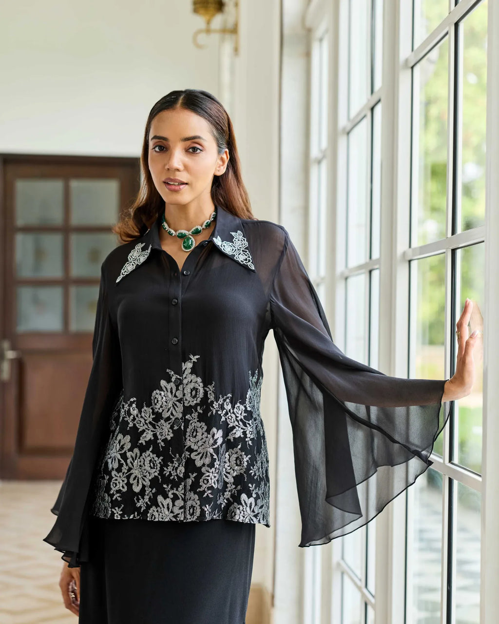 Monochrome Muse Swarowski French Lace Georgette Shirt