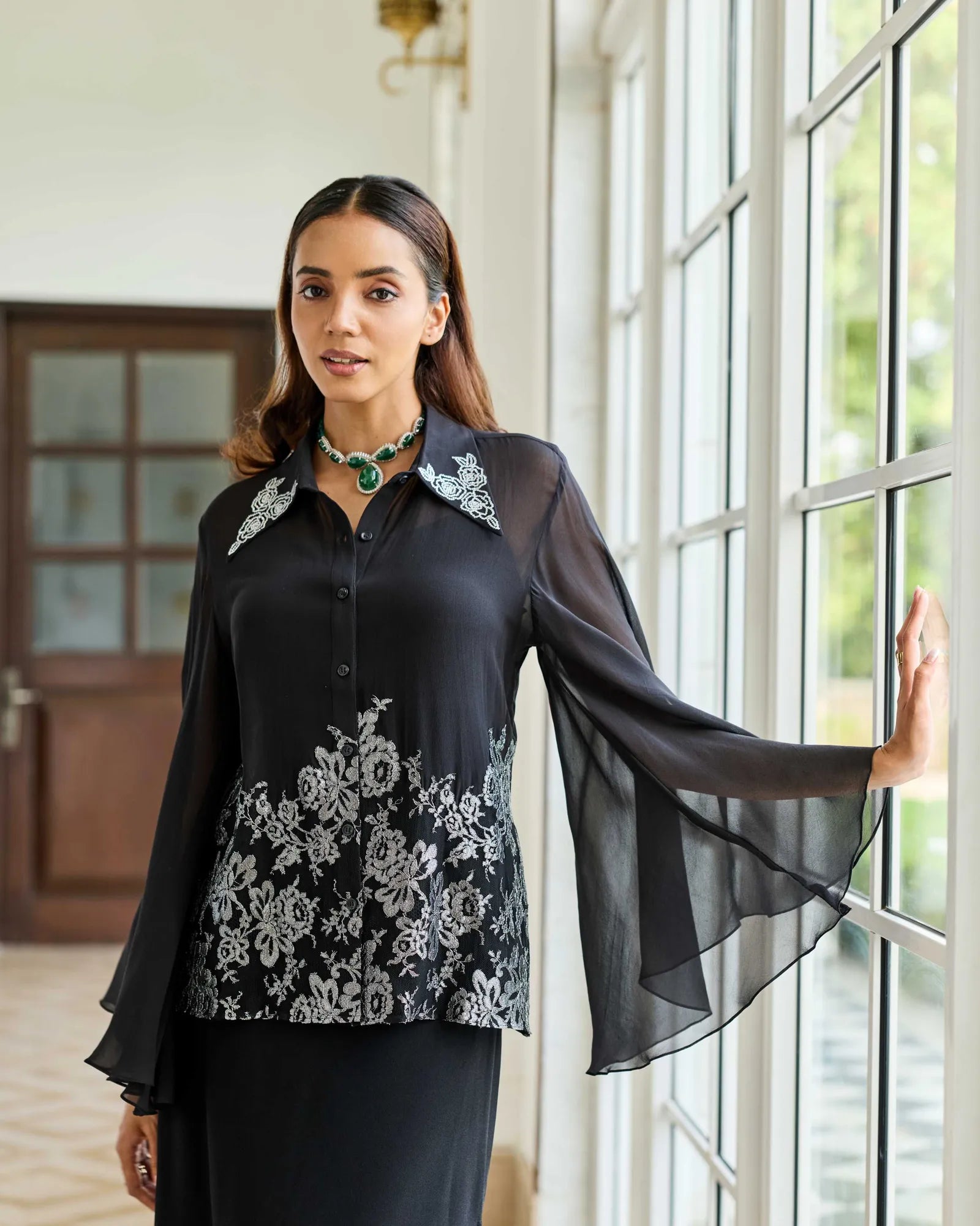 Monochrome Muse Swarowski French Lace Georgette Shirt