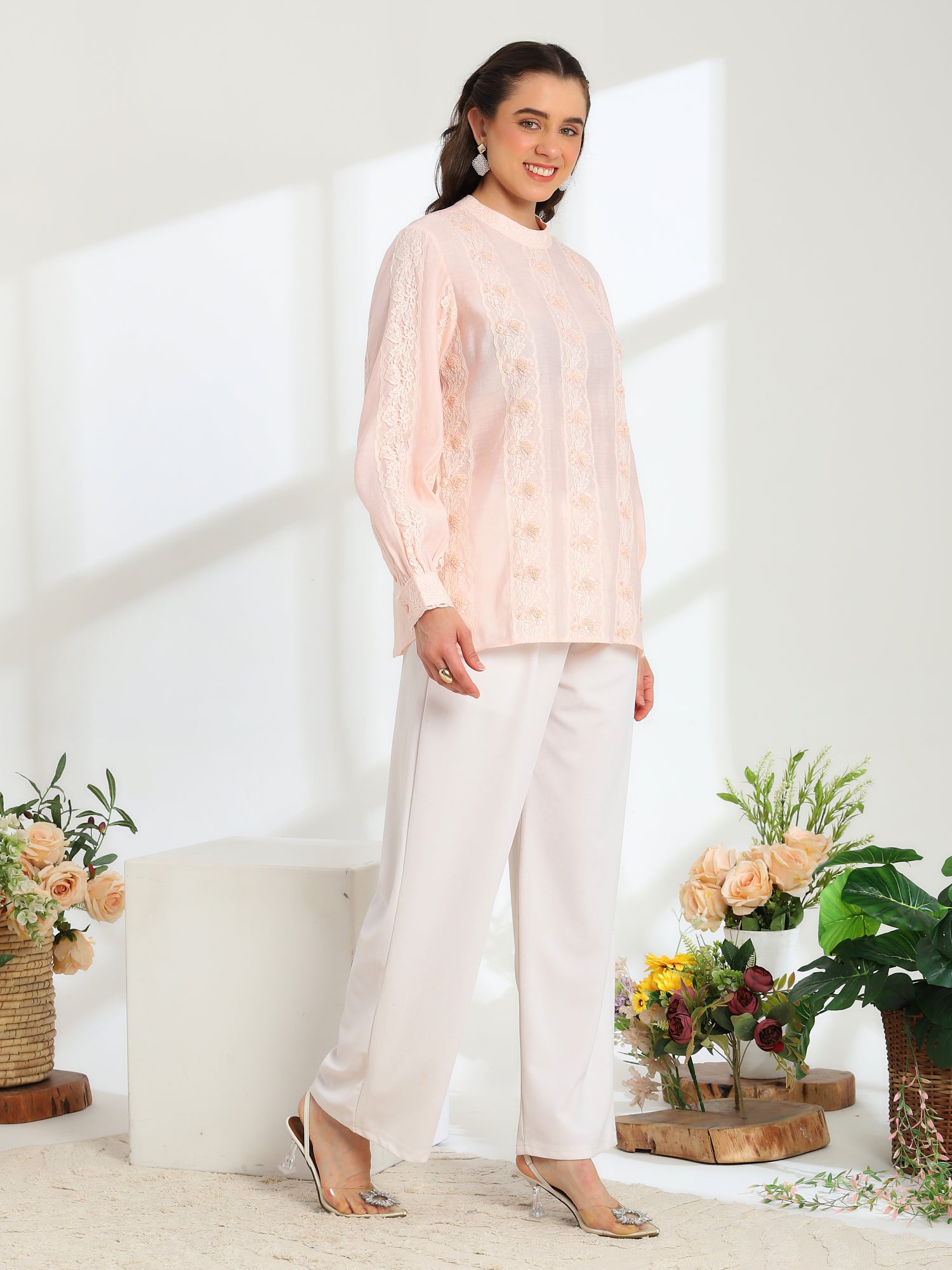 Elan Pink  Hand Embroidered French Lace Silk Cotton Shirt