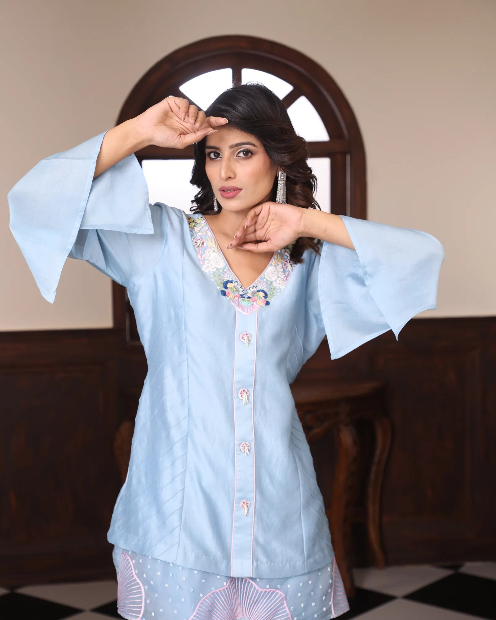 Ocean Blue embrodiery with motiff button cord-set - BloomIt