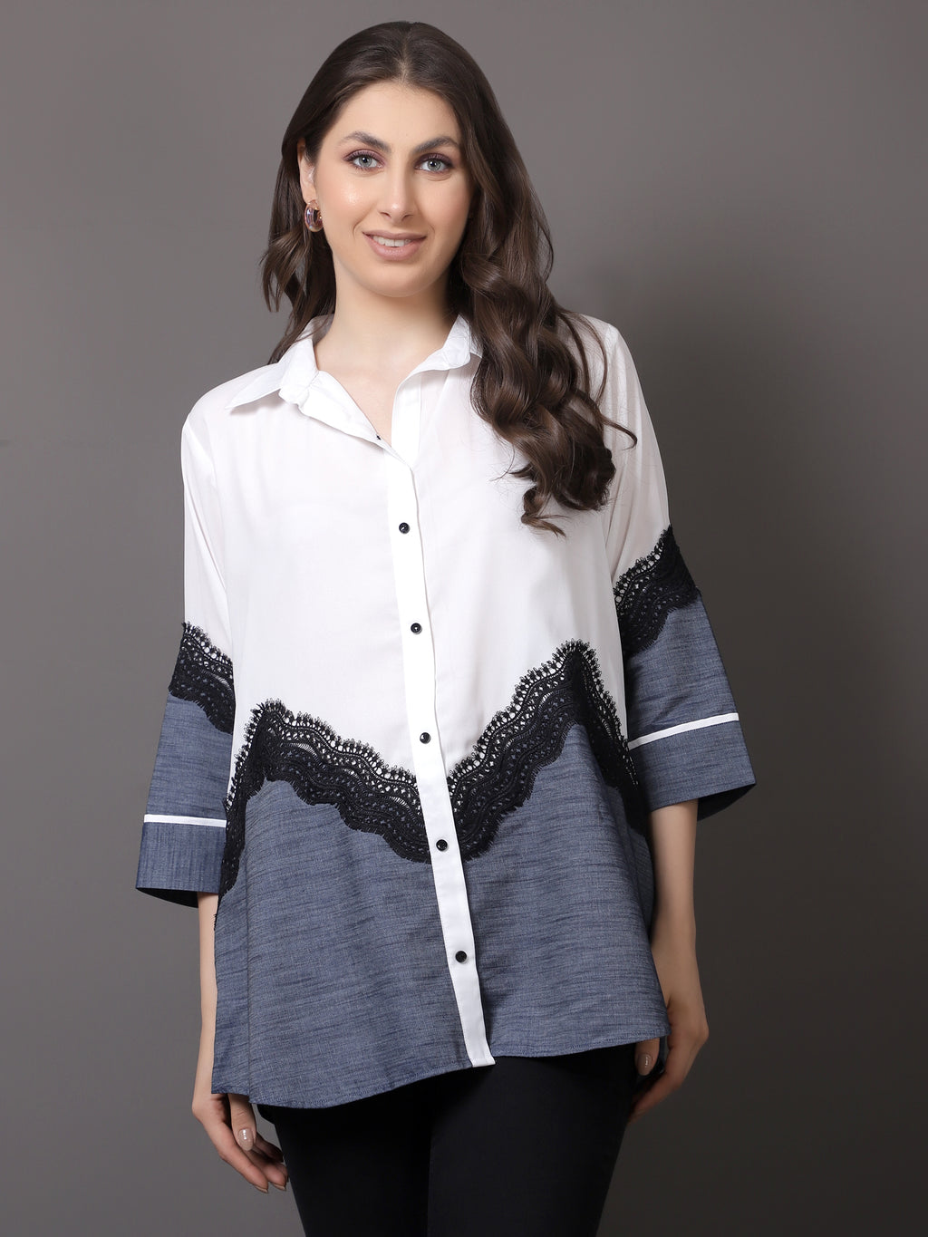 White Georgette and denim shirt with lace detailing