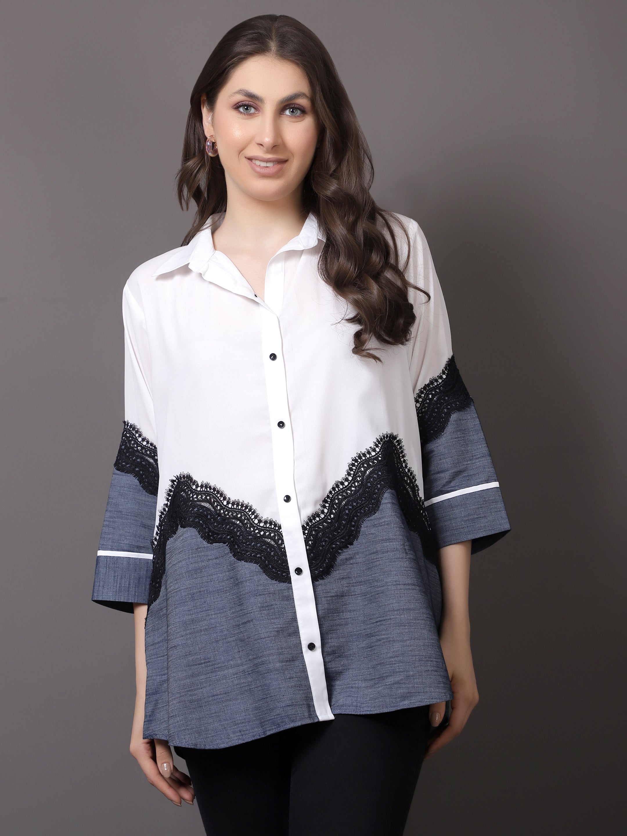 White Georgette and denim shirt with lace detailing