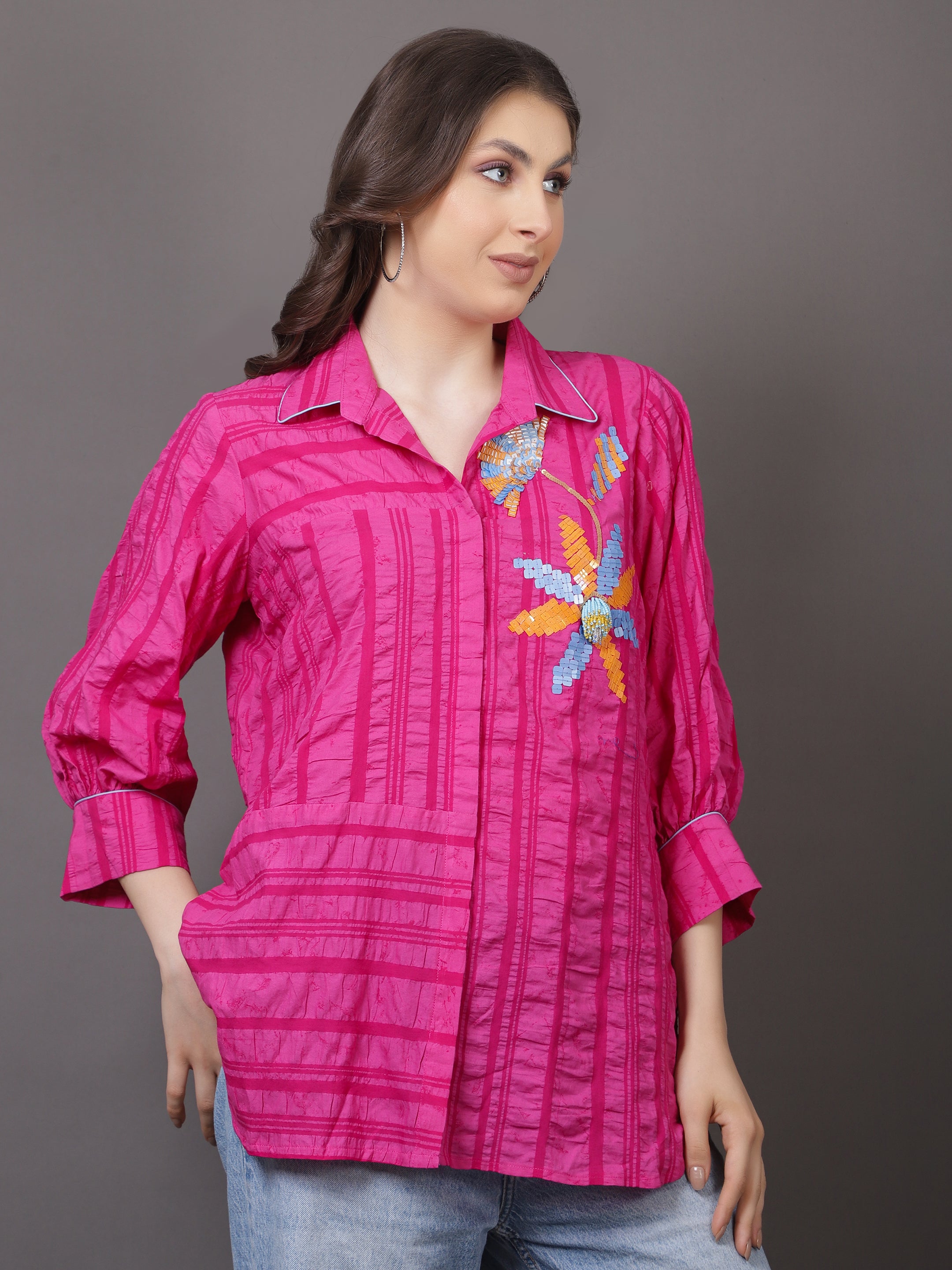 Pink Crushed Embroidered Shirt