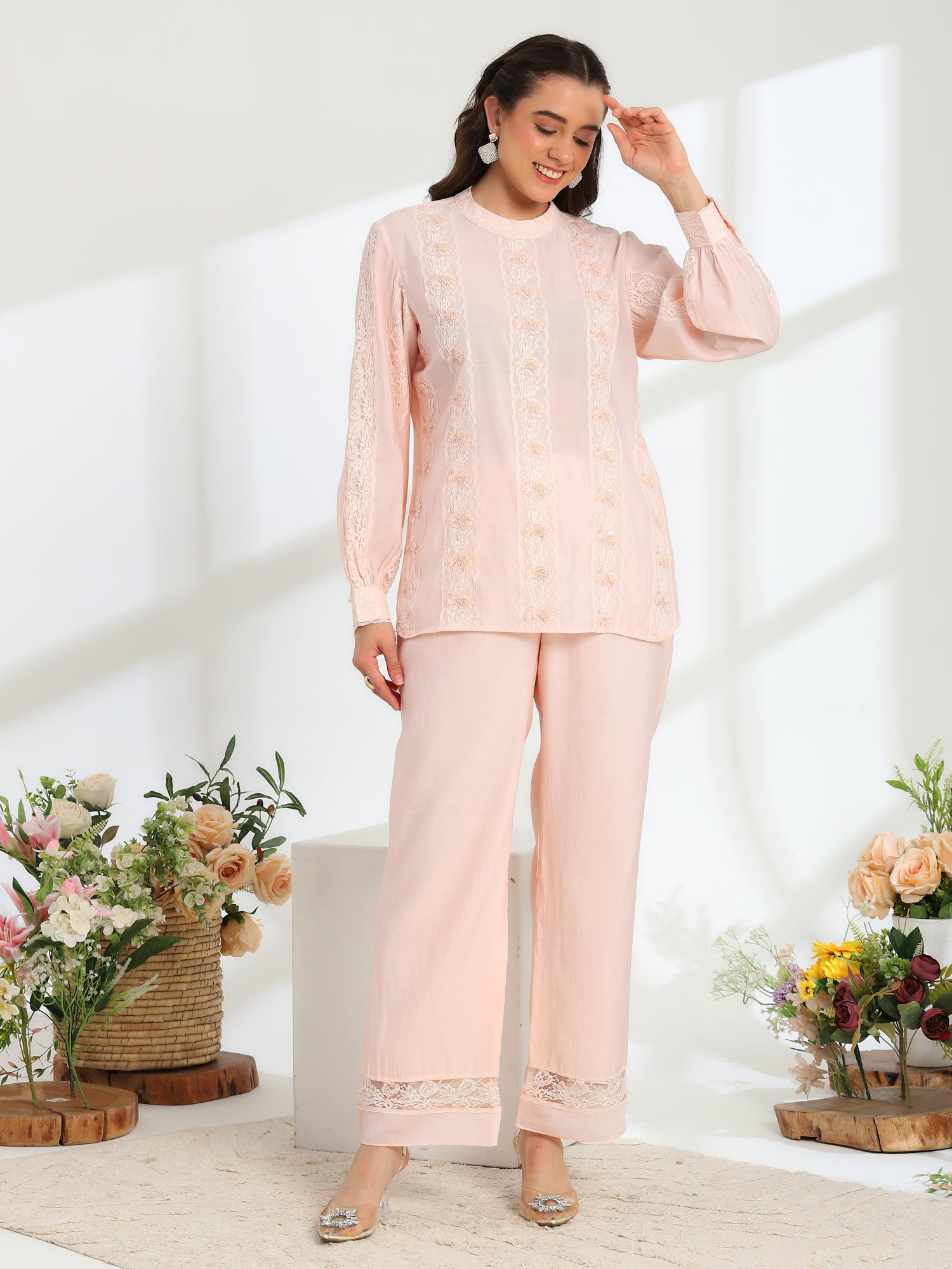 Elan Pink  Hand Embroidered French Lace Silk Cotton Co-ord Set