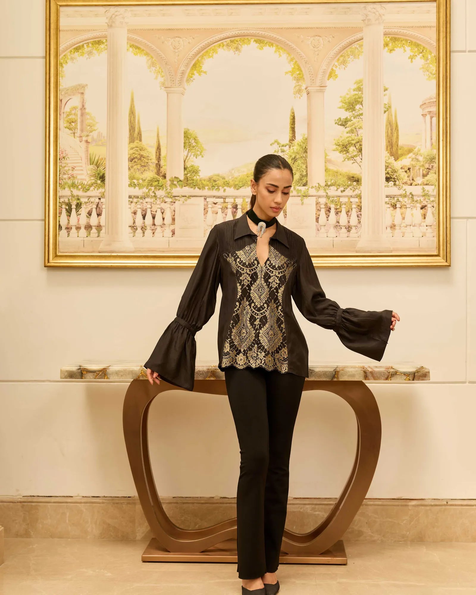 Gilded Legacy Black Habotai Silk Shirt with French Lace Panels