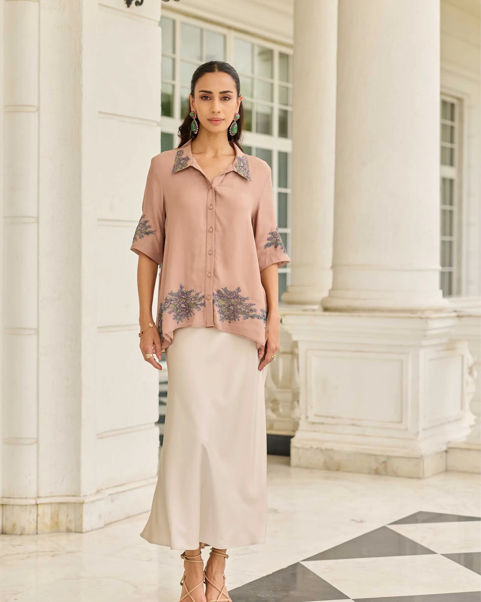 Threaded Devotion Grain Brown French Lace Flat Chiffon Shirt