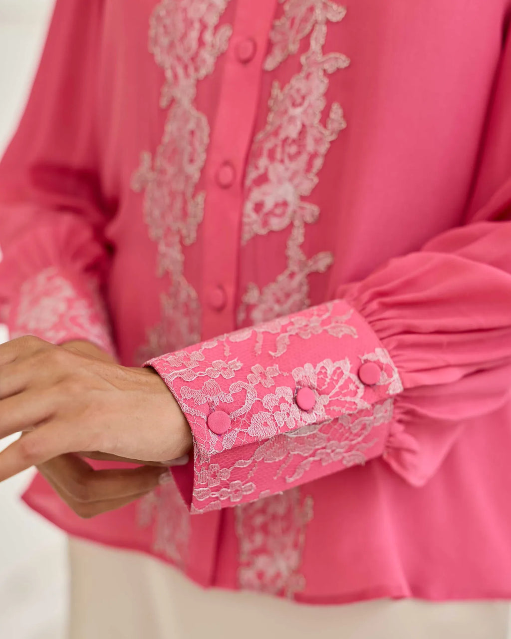 Thistle Fuchsia Pink Cutdana Embroidery French Lace Shirt - Dareiss