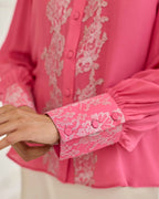 Thistle Fuchsia Pink Cutdana Embroidery French Lace Shirt - Dareiss