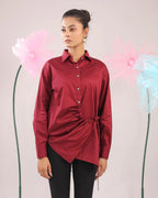 THE MAROON GATHERED TIE UP COTTON SHIRT