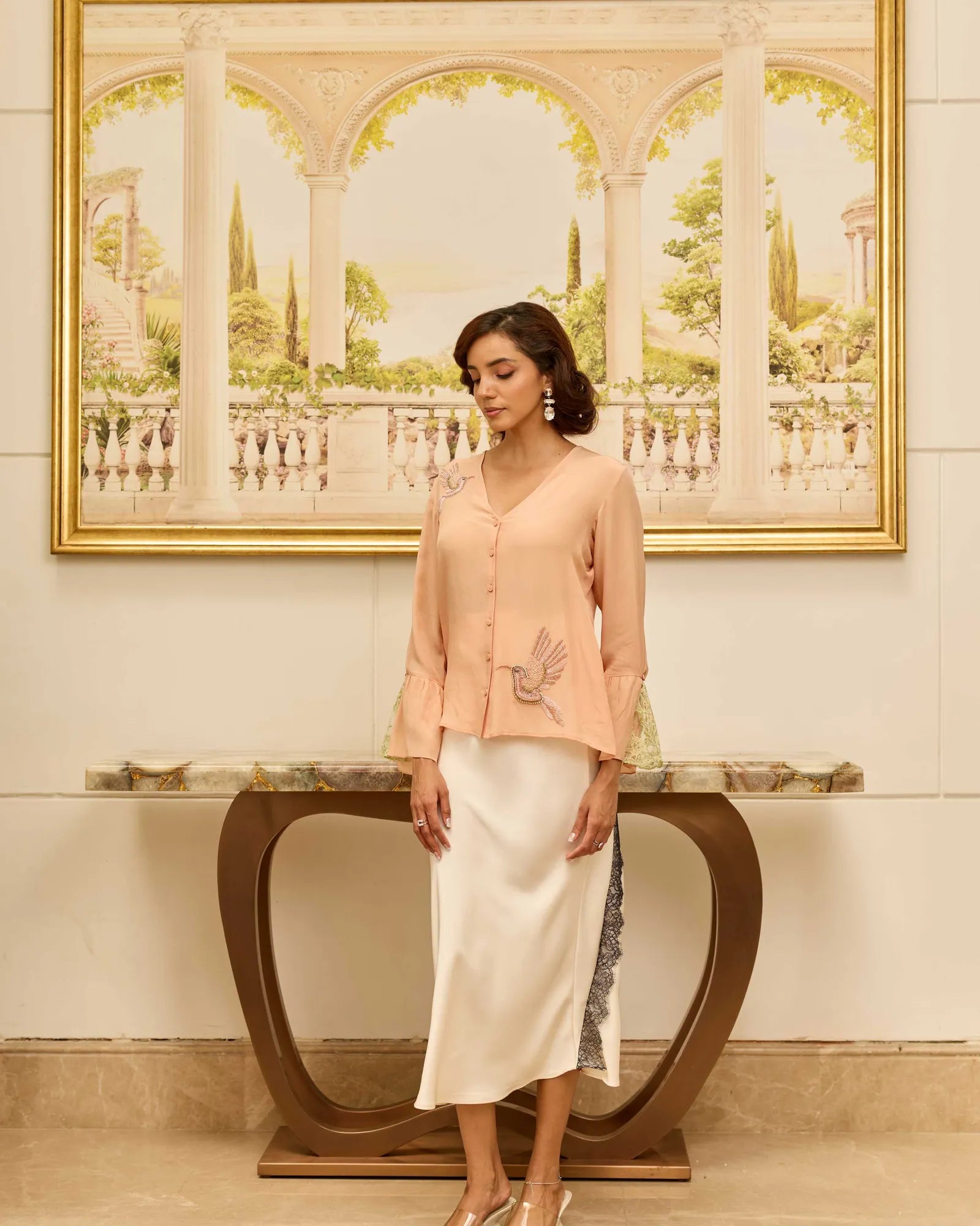 Serenade Peach Hand Embroidered French Lace Crepe Silk Top