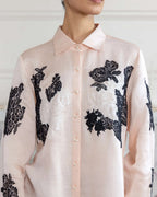 Camellia Heavenly Pink Hand embroidered French Lace Linen Silk Shirt