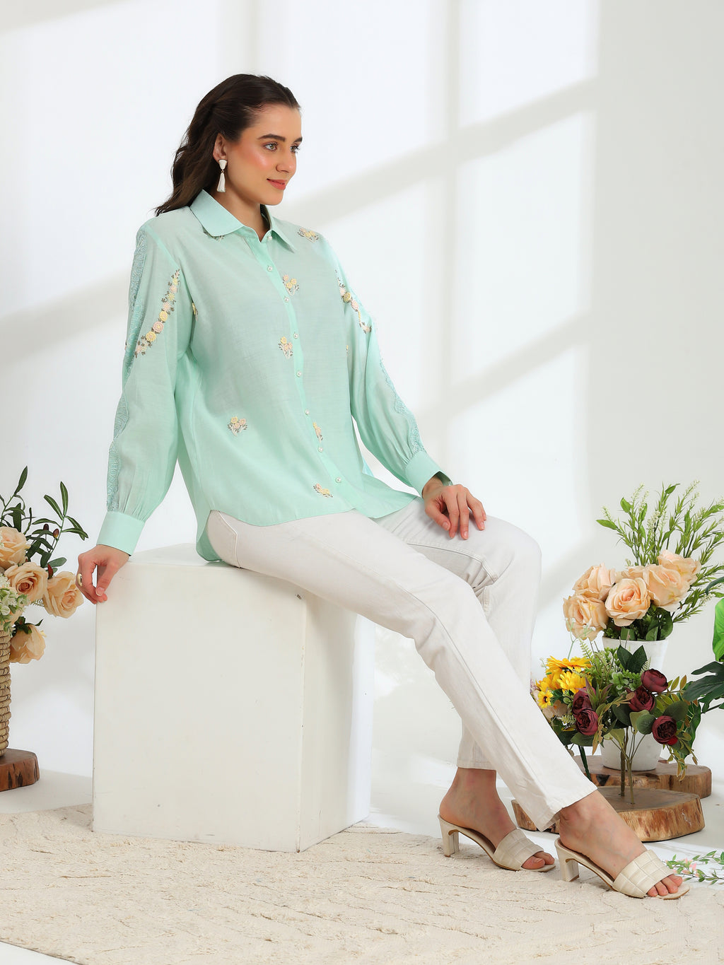 Spring Mint Hand Embroidered French lace Silk Cotton Shirt - Dareiss