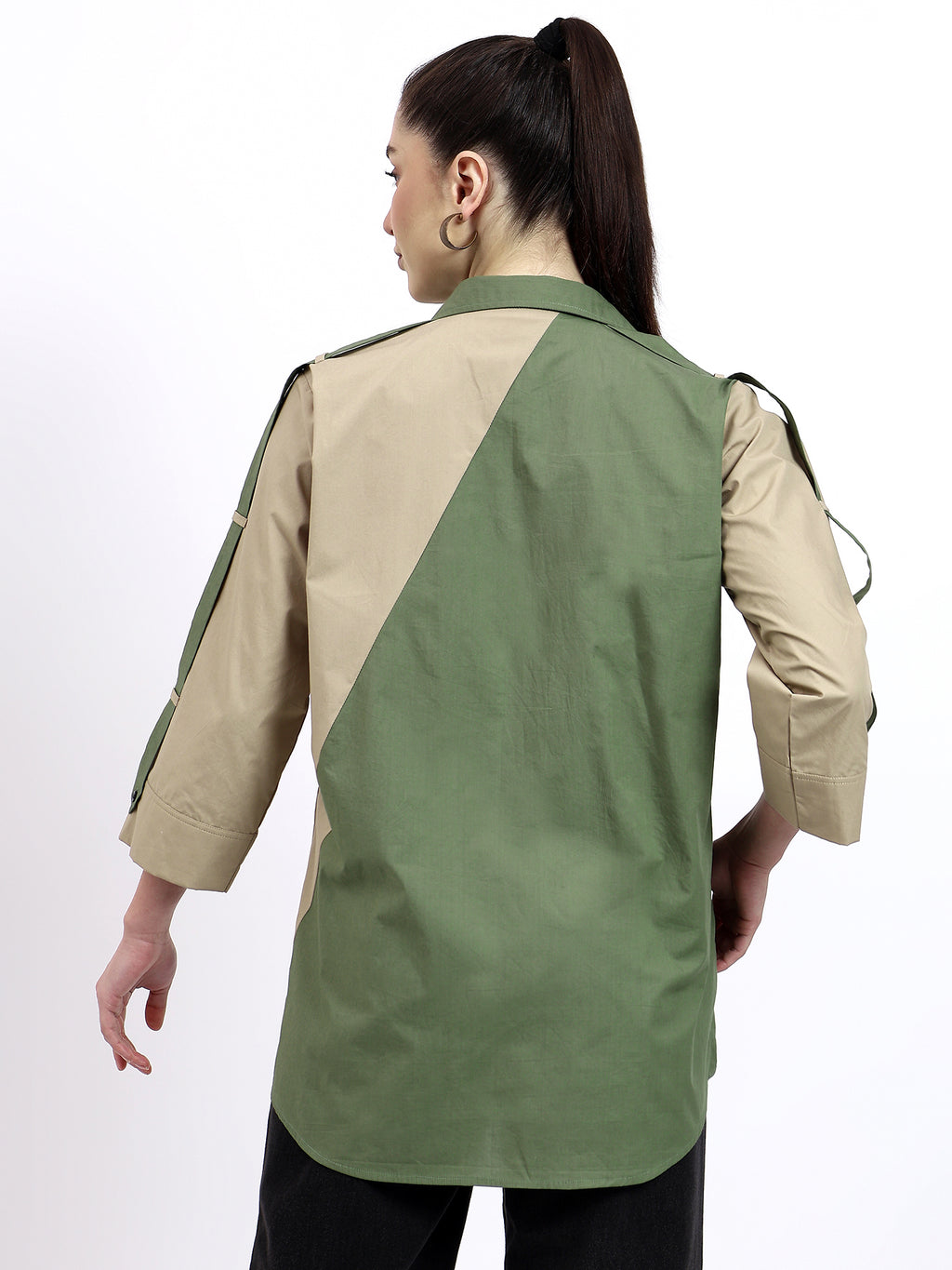 Olive and Beige color block embroidered shirt