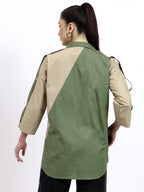 Olive and Beige color block embroidered shirt