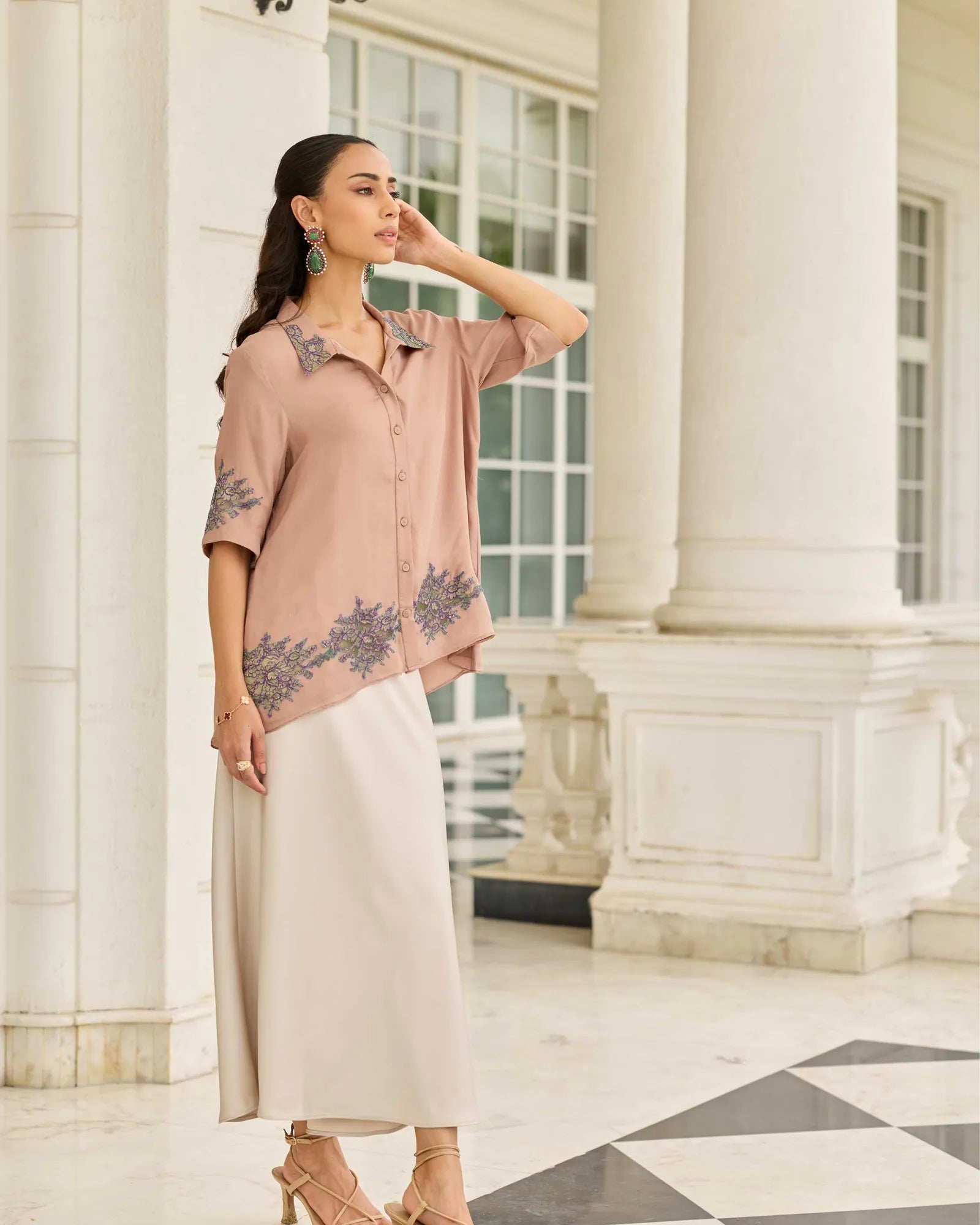 Threaded Devotion Grain Brown French Lace Flat Chiffon Shirt