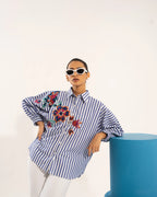 Beaded Floral Raglan Stripe Shirt