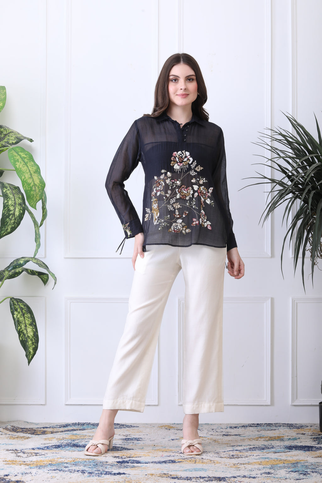 Conor Black Embroidered Chanderi Top with Ivory Pants