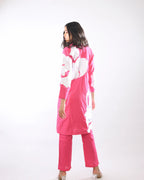 Pink Zigzag Printed  Embroidered Trench Coat And Pant Set
