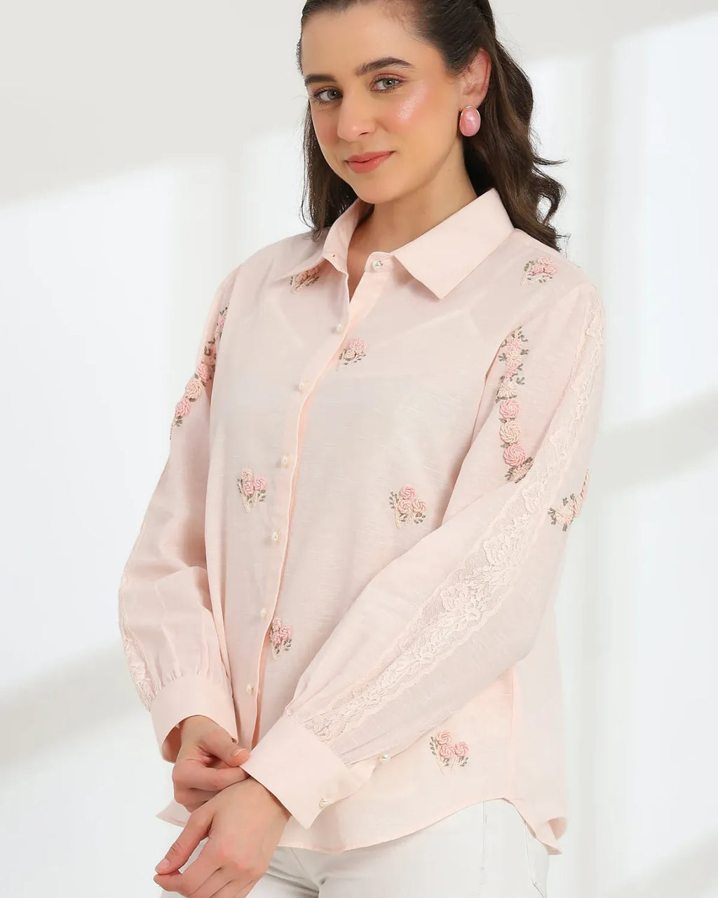Pink Rose Blush Embroidered French lace Silk Cotton Shirt