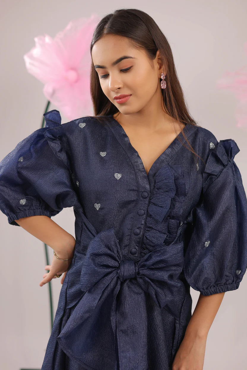 The navy blue heart knot flared midi dress - BeyondStiches