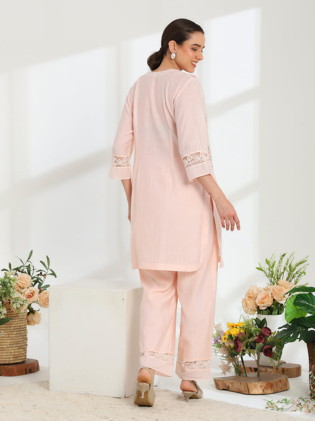 Rosella Bloom Hand Embroidered French lace Cotton Silk Kurta set