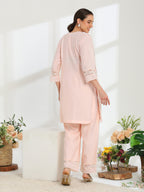 Rosella Bloom Hand Embroidered French lace Cotton Silk Kurta set