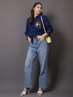 Blue Crushed Embroidered Shirt - Gagan Vohra