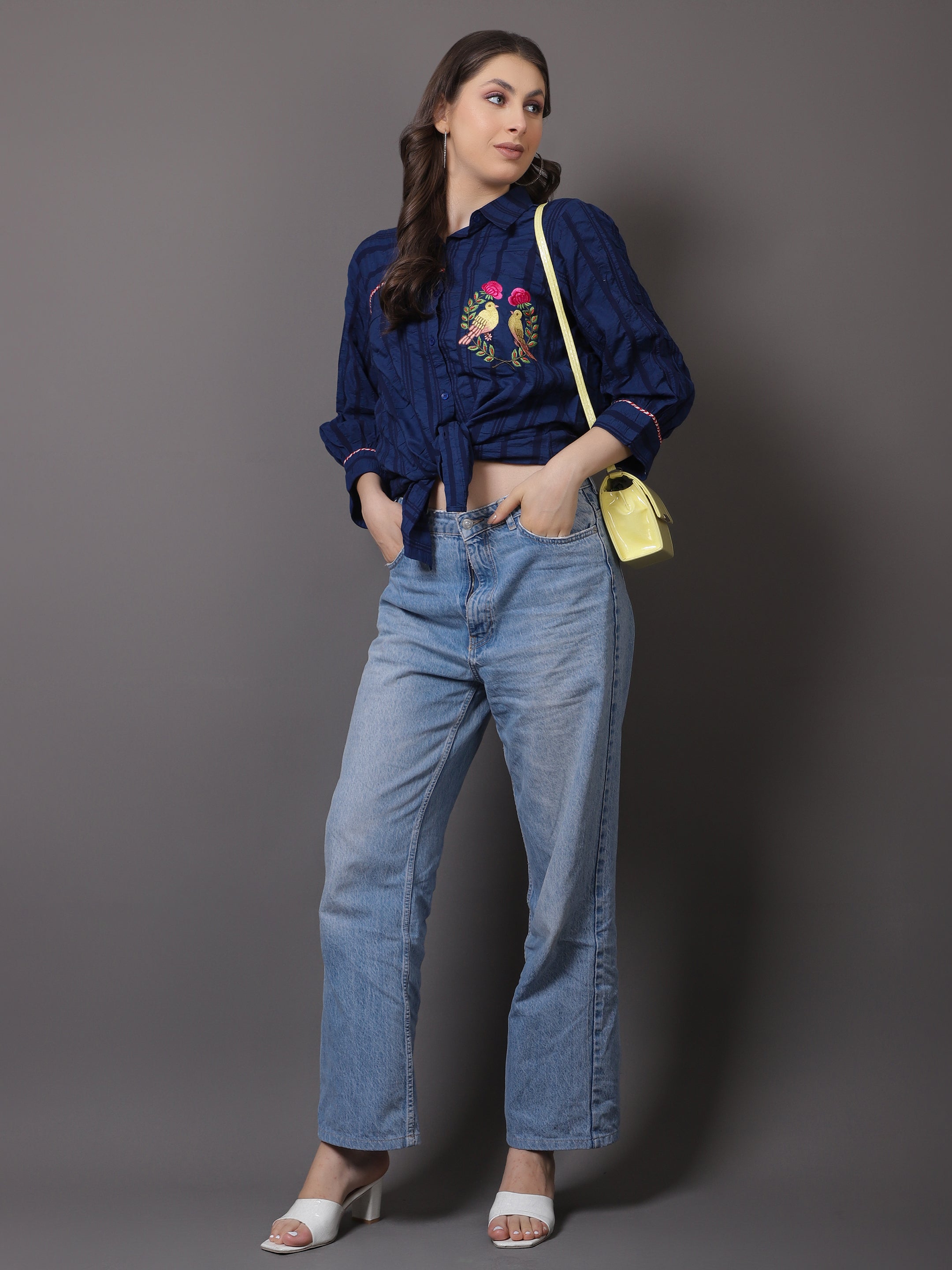 Blue Crushed Embroidered Shirt - Gagan Vohra