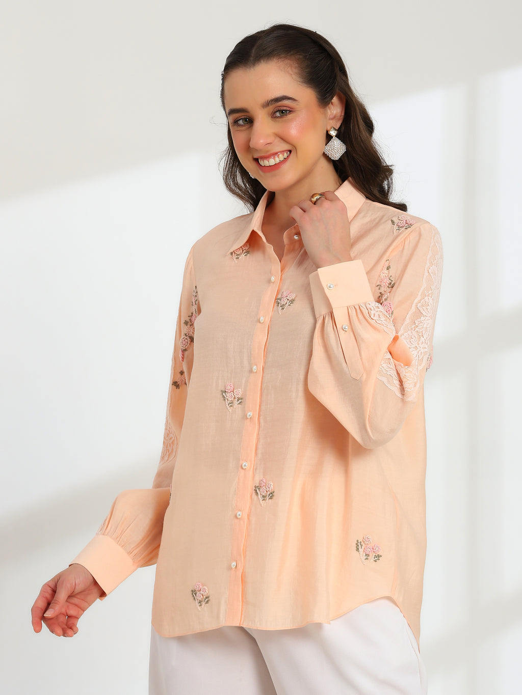 Spring Peach Hand Embroidered French lace Silk Cotton Shirt