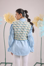 THE SKY BLUE EMBELLISHED JACKET WITH BALLOON SLEEVES CRAPE SHIRT