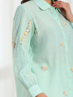 Spring Mint Hand Embroidered French lace Silk Cotton Shirt