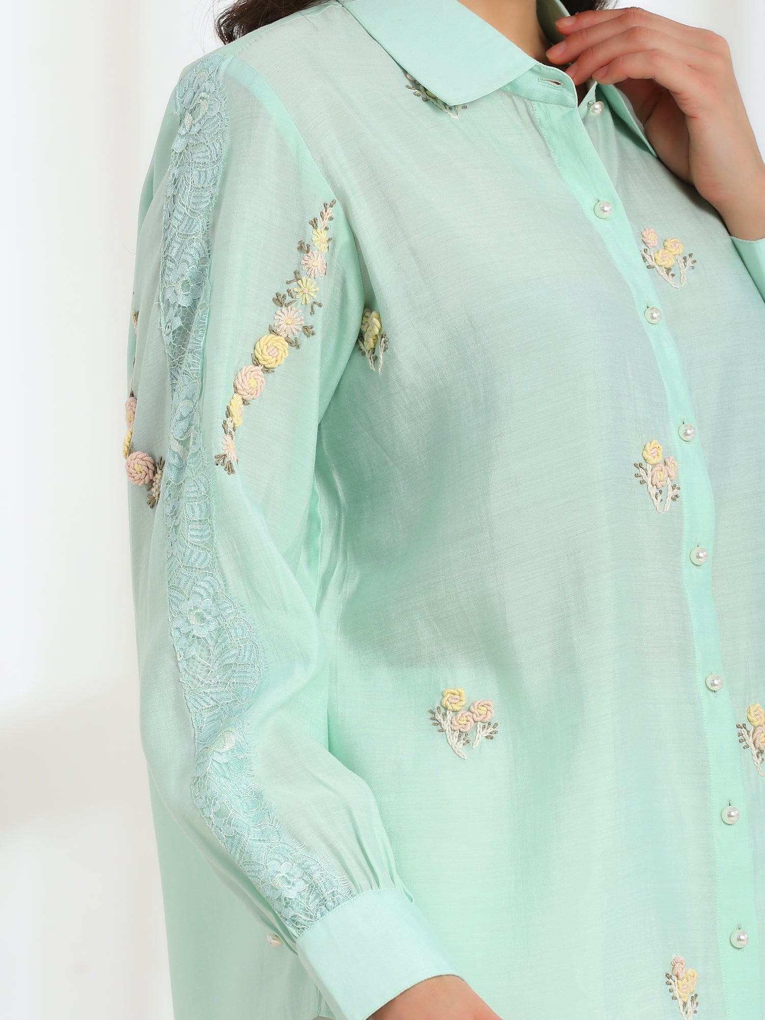 Spring Mint Hand Embroidered French lace Silk Cotton Shirt