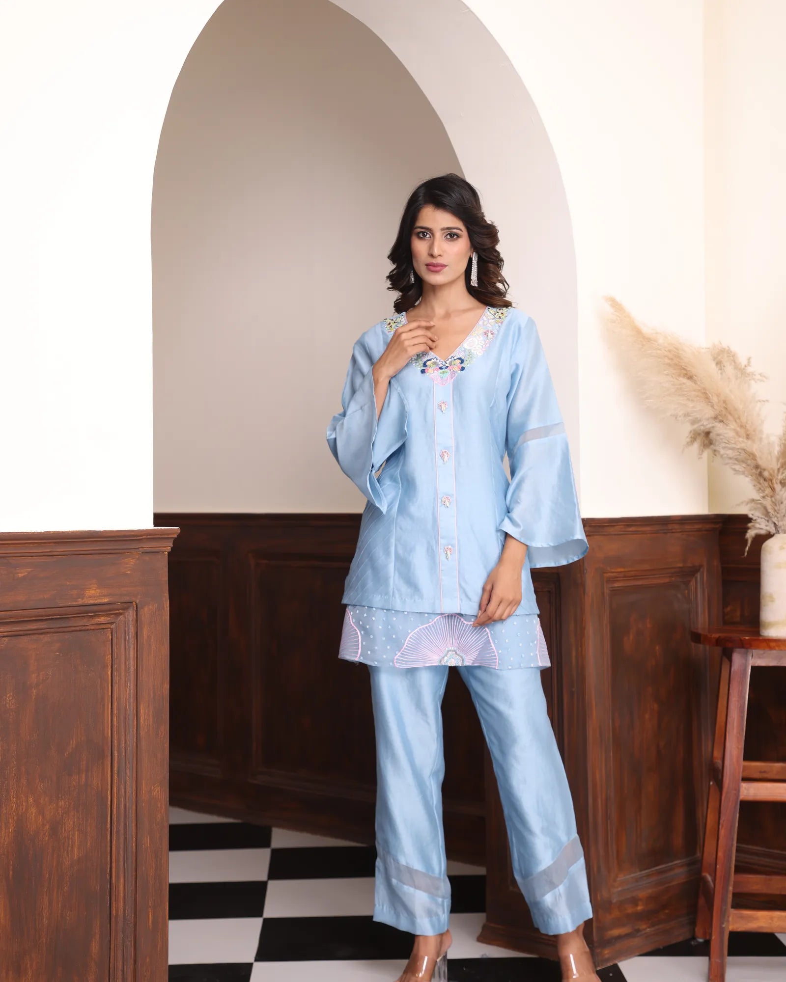 Ocean Blue embrodiery with motiff button cord-set